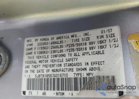 2007 Acura Rdx z USA, uszkodzony, nr VIN 5J8TB18567A016710